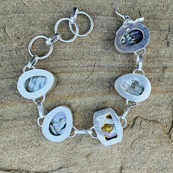 VTG Link Bracelet Size 7.5 MOP Shell Teardrop Cabs 925 Sterling Silver 21.5g - Picture 3 of 12